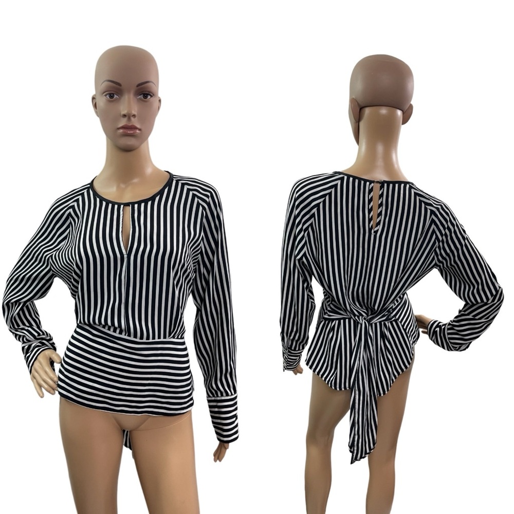 Ann Miller Women’s Size Small (G) Long Sleeve Keyhole Neck Tie Waist Striped Top